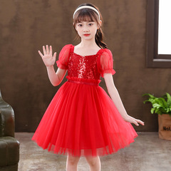 兒童連衣裙夏新款白色短袖公主裙中小童學校合唱表演亮片蓬蓬紗裙