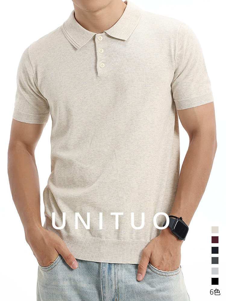 Vento japonés para hombres de punto de manga corta polo camiseta de collar sólido para hombres de verano de negocios casual alta sensación de ropa de hombre