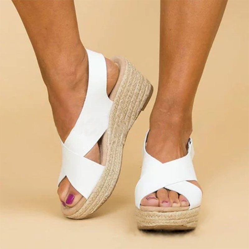 wish Amazon AliExpress European and American Wedge Fish Mouth High Heel Large Size Women's Open Toe Magic Tape Cross Sandals