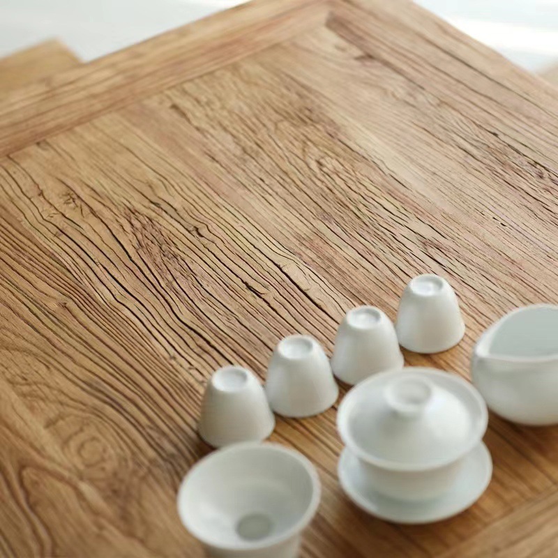 老榆木餐桌椅组合田园阳台休闲矮茶桌实木方桌茶桌餐厅正方形茶桌
