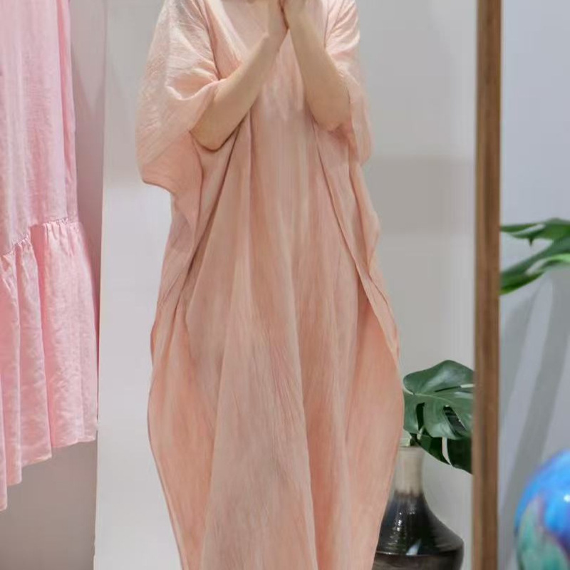 Designer Style High-End Elegant Deep V-Neck Tencel Ramie Dress for Women with Unique Batwing Sleeves and Irregular Fashion Long Skirt