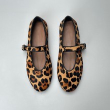 外贸小众马毛豹纹玛丽珍鞋法式复古百搭一字扣圆头平底女单鞋