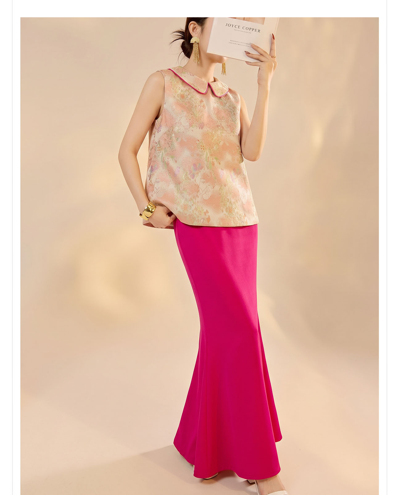 Bộ áo vest gile jacquard + chân váy nữ quốc phong mùa hè 2026 — Áo khoác Carmine, Trang phục [Áo khoác màu hồng+váy đỏ], Màu đỏ nửa váy chi tiết 3