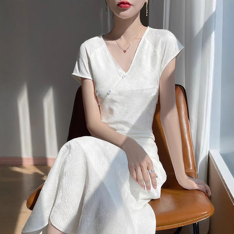 New Chinese-style Women's Clothing, National-style Satin Cheongsam V-neck Dress, Summer 2025 New Model, Slimming And_ecoleips.com
