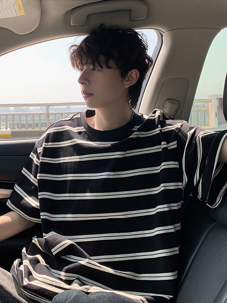 Contrast Color Striped Short-sleeved T-shirt Men's Summer Japanese Style Retro Trendy Ins All-match Round Neck Casual Half-sleeve T-shirt for Teenagers