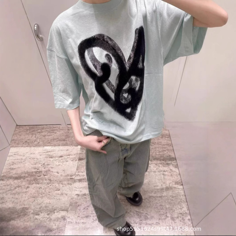 in stock hair! 25 Summer Flocking Loose Slimming Round Neck T-shirt for Men and Women