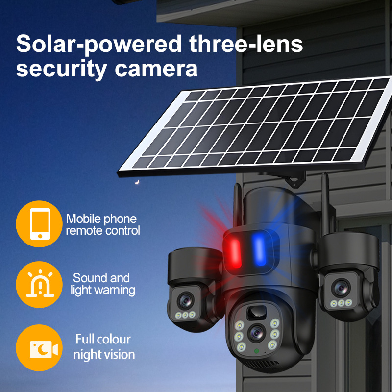 Transfronterizos dedicados a tres imágenes tres lentes alarma rotatoria sin ángulo muerto cámara de monitoreo solar impermeable al aire libre
