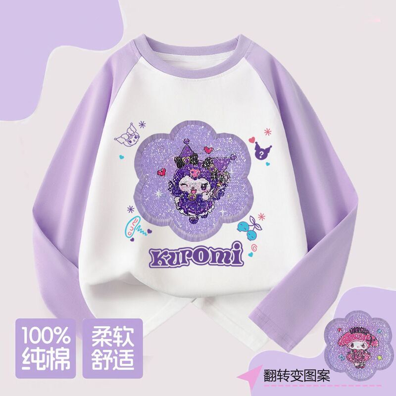 Spring and Autum Kuromi Girls' Bottoming Shirt Pure Cotton Sequin Color-Changing Clothes Kidsren's Long-Sleeved T-Shirt Raglan Sleeve Top