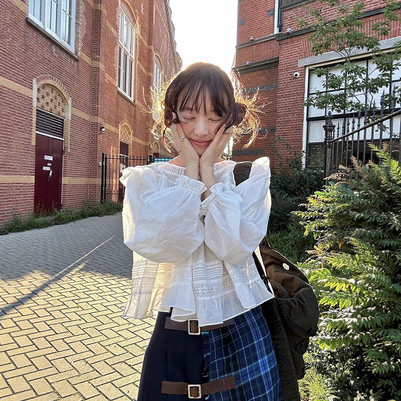 现H 白色娃娃领长袖衬衫2025秋季女拼接花边微透休闲上衣flet*a|undefined