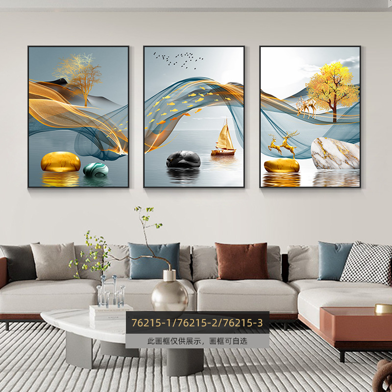 Pintura de decoración de la sala de estar moderna de lujo ligera Fukuyan atmósfera tripartita mural significa un buen fondo de sofá pintura colgante de pared
