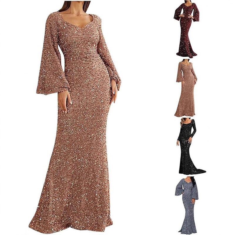 26 Winter New Cross-Border Fashion V-Neck Bodycon Sequin European and American Dress Mid-Waist Bell Sleeve Long Evening Dress