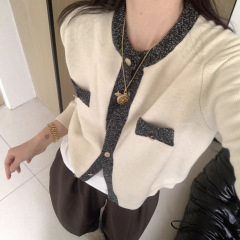 高级感金扣小香风撞色针织开衫女气质假两件外套毛衣开衫秋冬新款