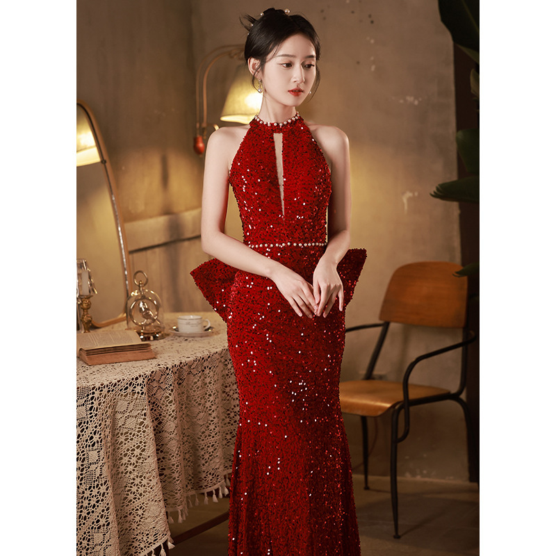 Fishtail Toasting Dress New Bridal Wine Red Elegant Sequin Wedding Evening Dress Women's Engagement Dress High-end Sense