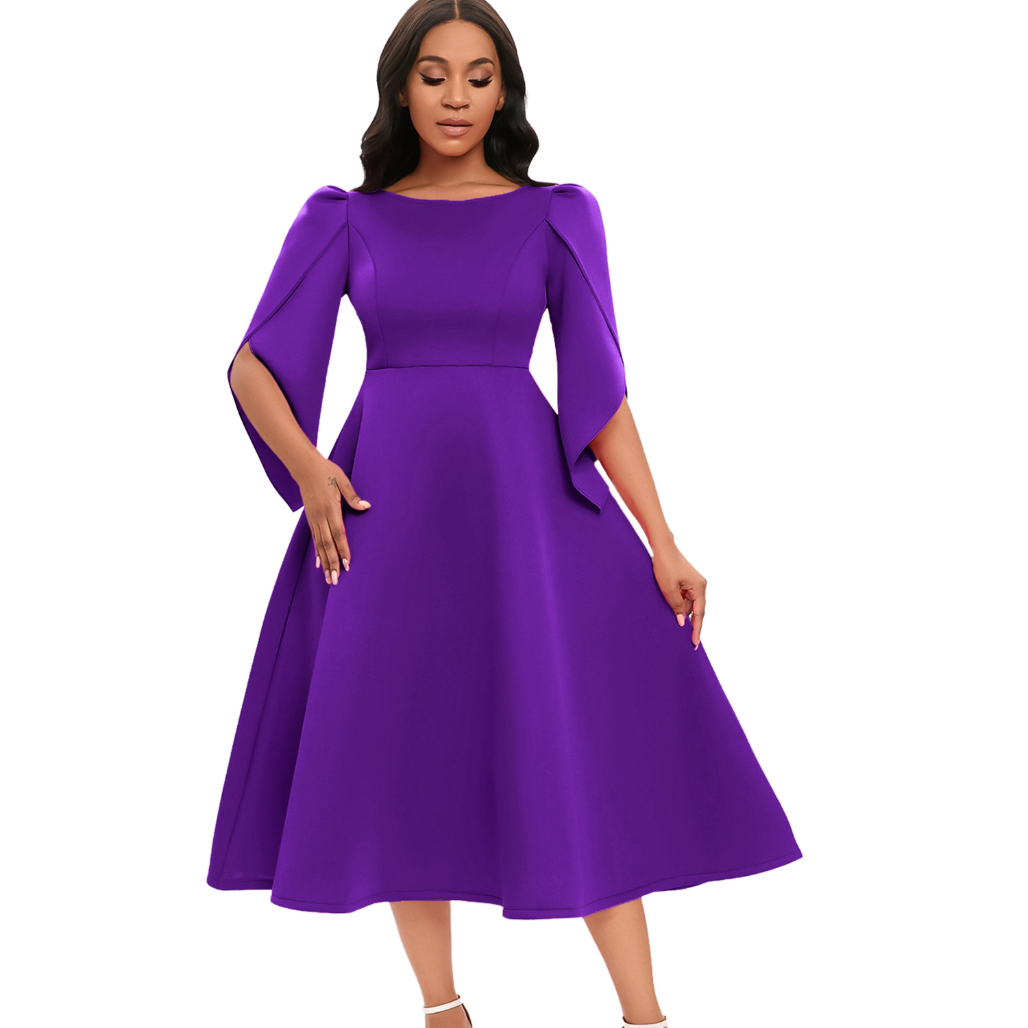 Women's Swing Dress Simple Style Round Neck 3/4 Length Sleeve Solid Color Midi Dress Holiday Daily display picture 4