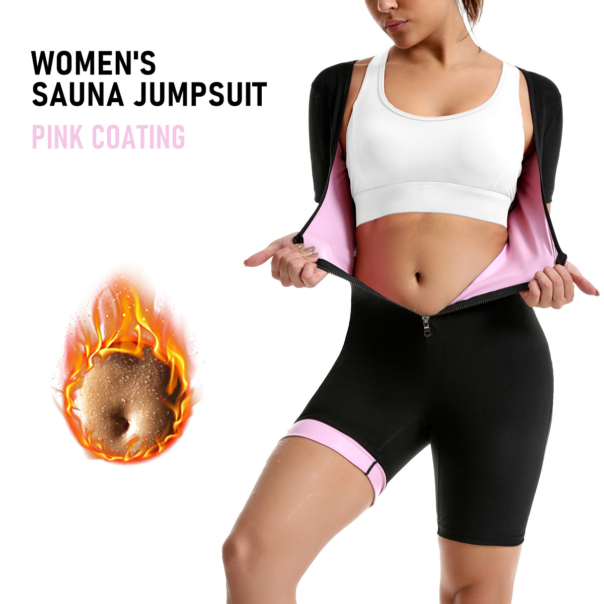 跨境女式连体暴汗服运动健身跑步塑身衣欧美托胸短袖连体衣桑拿服