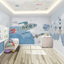 太空飞船儿童房壁纸男孩房间卡通火箭壁画墙纸幼儿园环保背景墙布