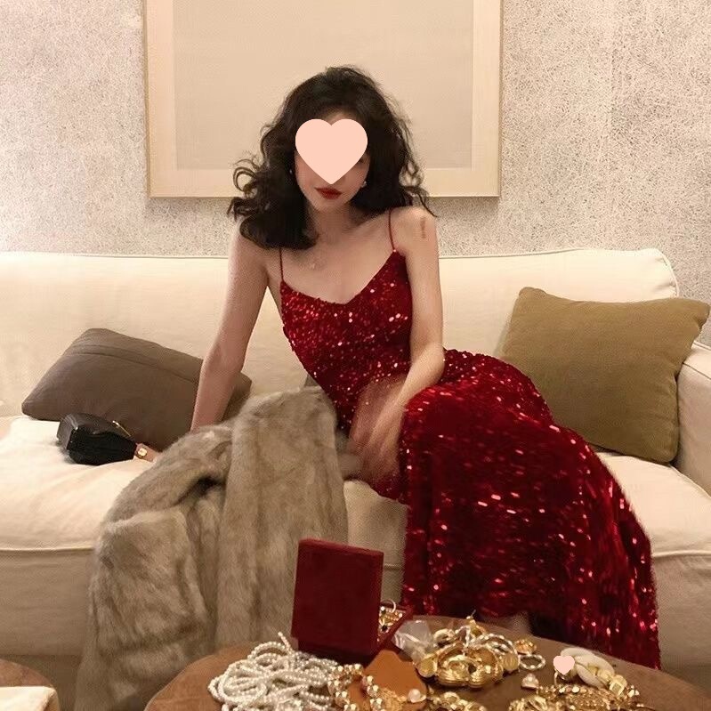 Jiuwu Sexy Red Velvet Sequin Collar Sling dress High Waist Slimming Hip Fishtail Midi Dress Women's Winter
