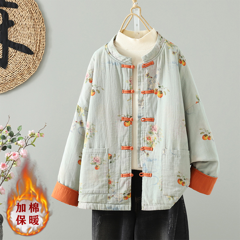 现货秋冬国风复古传统手工缝制盘扣棉袄棉麻印花棉衣棉服冬女夹棉