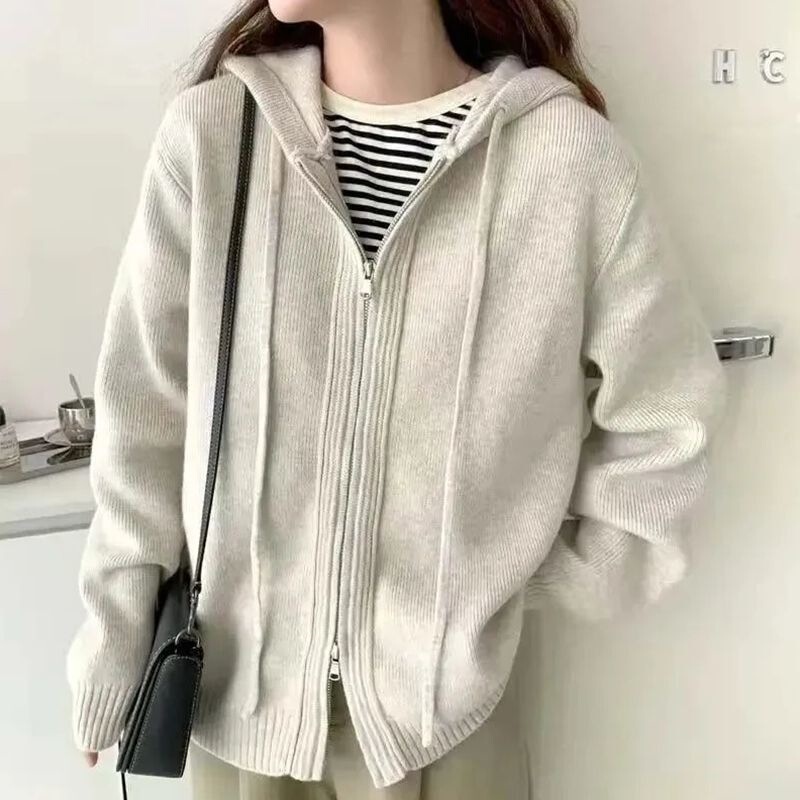 Double Zipper Hooded Sweater Jacket for Women, New Thickened Autumn and Winter Korean Style Loose and Lazy Hooded Solid Color Knitted Cardigan Double Zipper Hooded Sweater Jacket for Women, New Thickened Autumn and Winter Korean Style Loose and Lazy Hooded Solid Color Knitted Cardigan