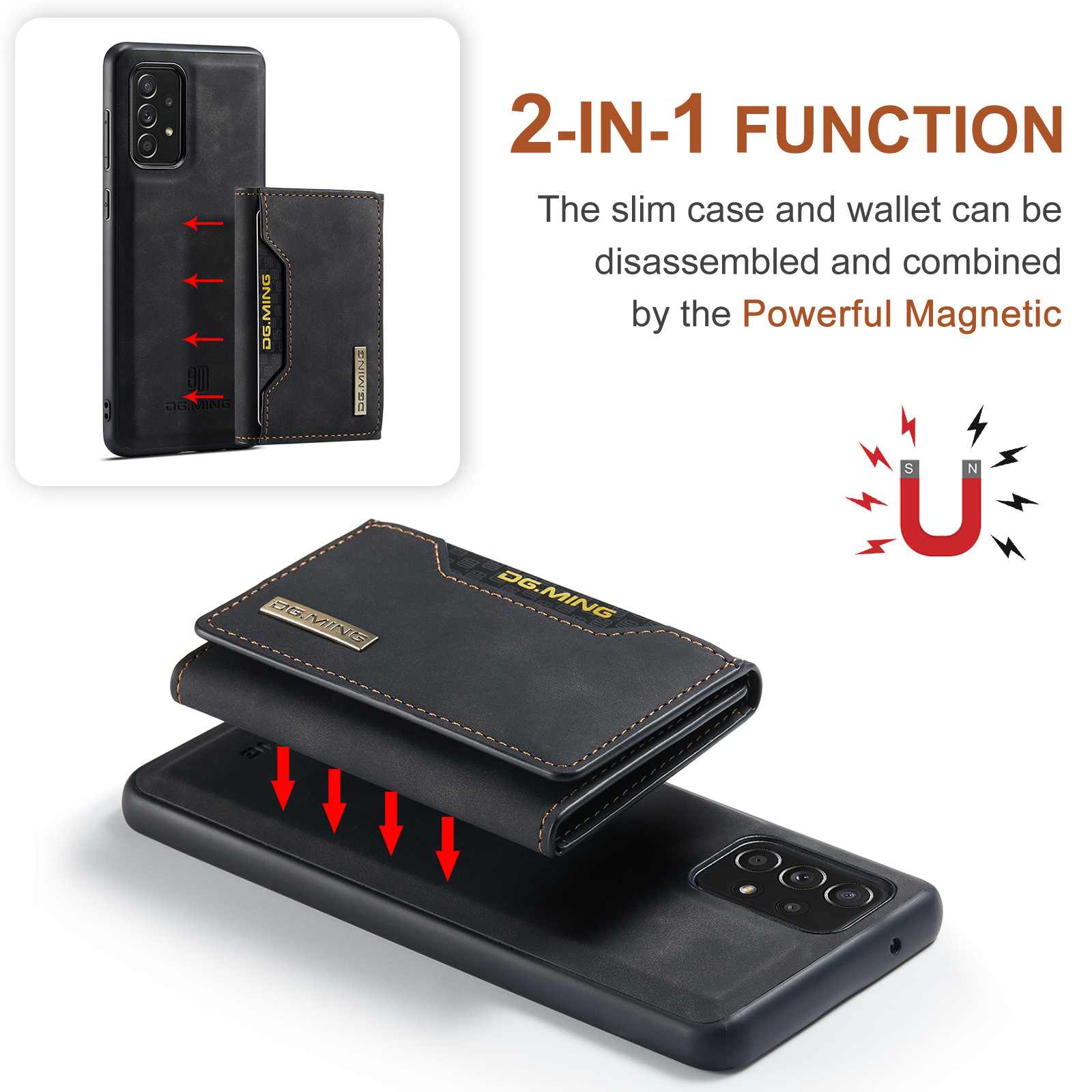 M2 for Samsung A52 Multifunctional Magnetic Card Case Protective Cover A52 5G 2-in -1 Split Wallet Phone Case_voghion.com