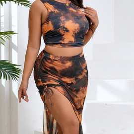 2025开叉长裙美印花分体泳衣三件套修身高腰泳装欧美风裙款裙式