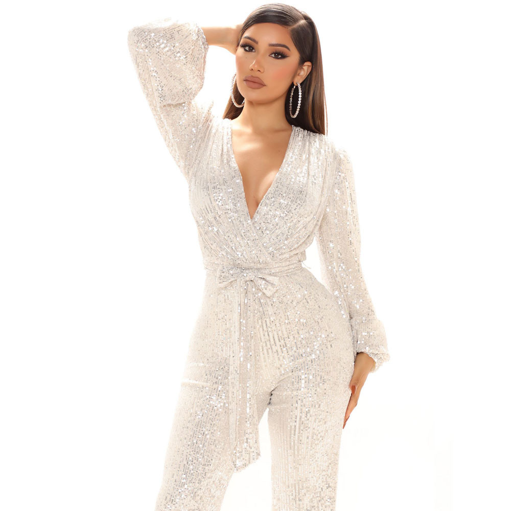 Sexy V-Neck Sequin One Piece Wide Leg One Piece Trousers