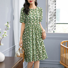74098小清新叶子印花圆领宽松捏褶桑蚕丝连衣裙中裙大码女装批发