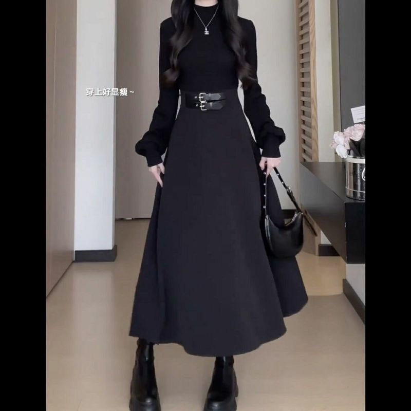 法式黑色内搭连衣裙子女秋冬2025年新款小个子掐腰裙约会穿搭礼服|undefined