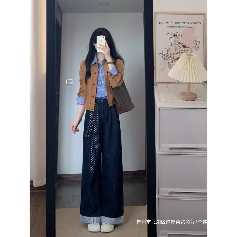 Cross-Border Early Autumn Matchinging Set of Retro Corduroy Jackets, Layered Plaid Shirts, Tops, Denim Wide-Leg Pants Three