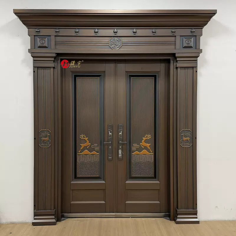 整板模压铝艺别墅大门农村自建房对开双开精雕锌合金防盗进户门