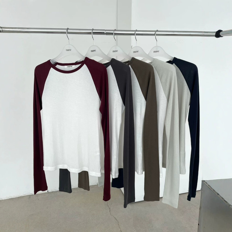 Now nuese color-blocked raglan long-sleeve T-shirt, Korean designer women's slim-fit, versatile Korean-style top Now nuese color-blocked raglan long-sleeve T-shirt, Korean designer women's slim-fit, versatile Korean-style top