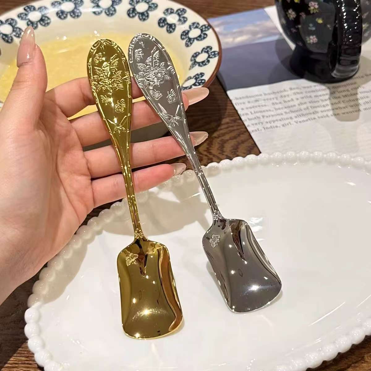 Stainless Steel With A Luxurious Butterfly Design, Gold-carved Ins-style Dessert Cake Spoon, Stirring Spoon_voghion.com