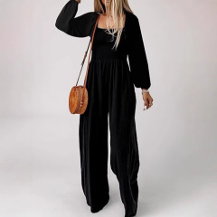2025 ヨーロッパとアメリカのクロスボーダー Amazon 婦人服無地スクエアカラー長袖ジャンプスーツロングジャンプスーツ