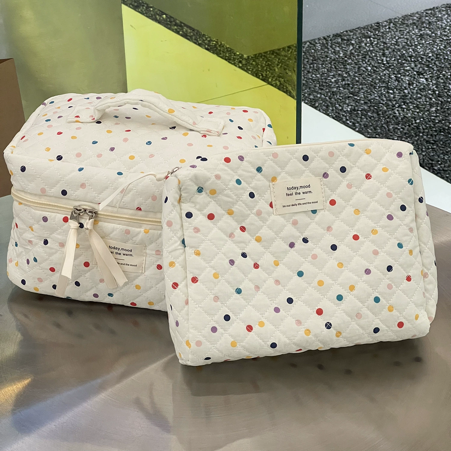 Cosmetic bag, cotton organizer bag, handheld capacious travel bag