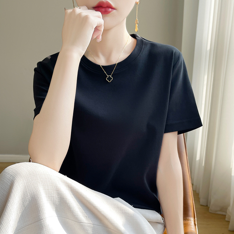 目を閉じてハイエンドのルーズでスリムなラウンドネック半袖レディースTシャツ黒と白の原宿Tシャツトップ|undefined