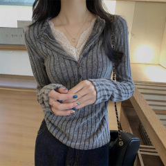 实拍 2025早秋新款蕾丝拼接内搭打底衫女感修身长袖t恤上衣86820