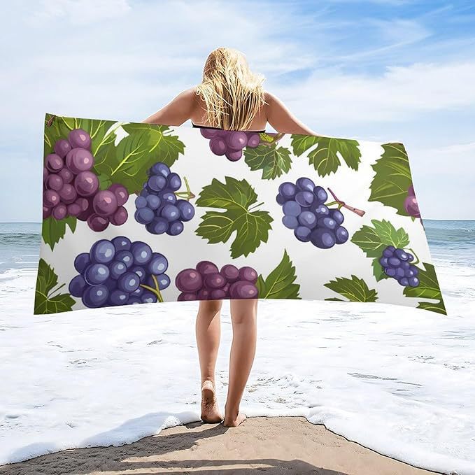 Purple Grapes with Green Leaves Microfiber Beach Towel Extra Large Quick Dry Bath Towel Swimming Pool Camping