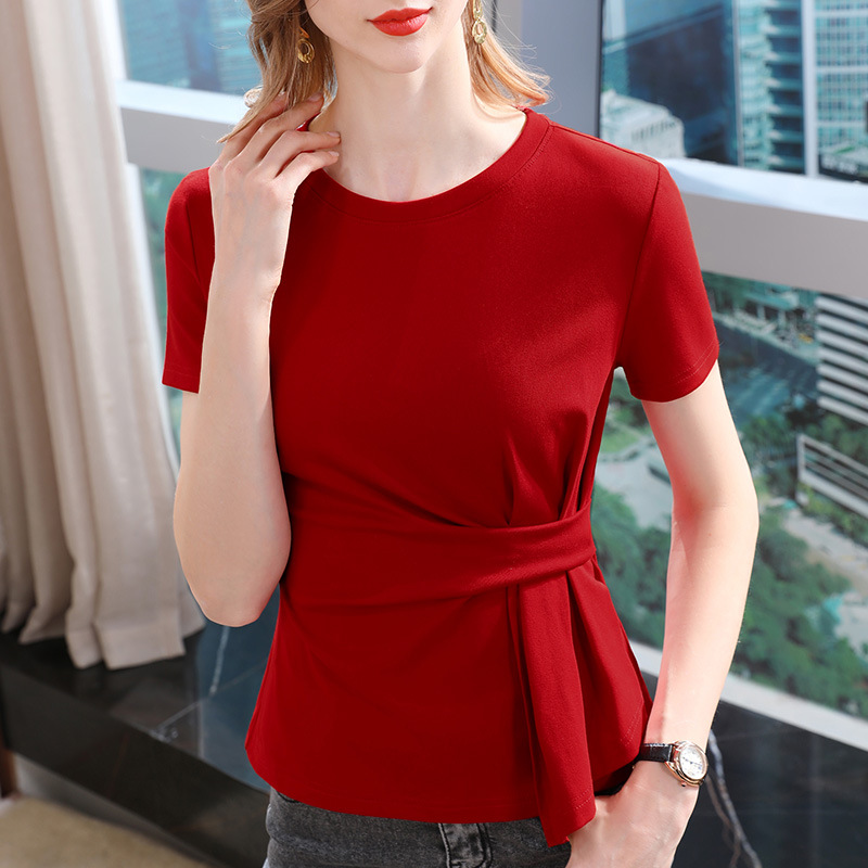 Camiseta de manga corta para mujer verano 2023 nueva Camiseta de algodón de cuello redondo de color sólido para mujer diseño ajustado a la cintura paraguas TOP que cubre el vientre image 5