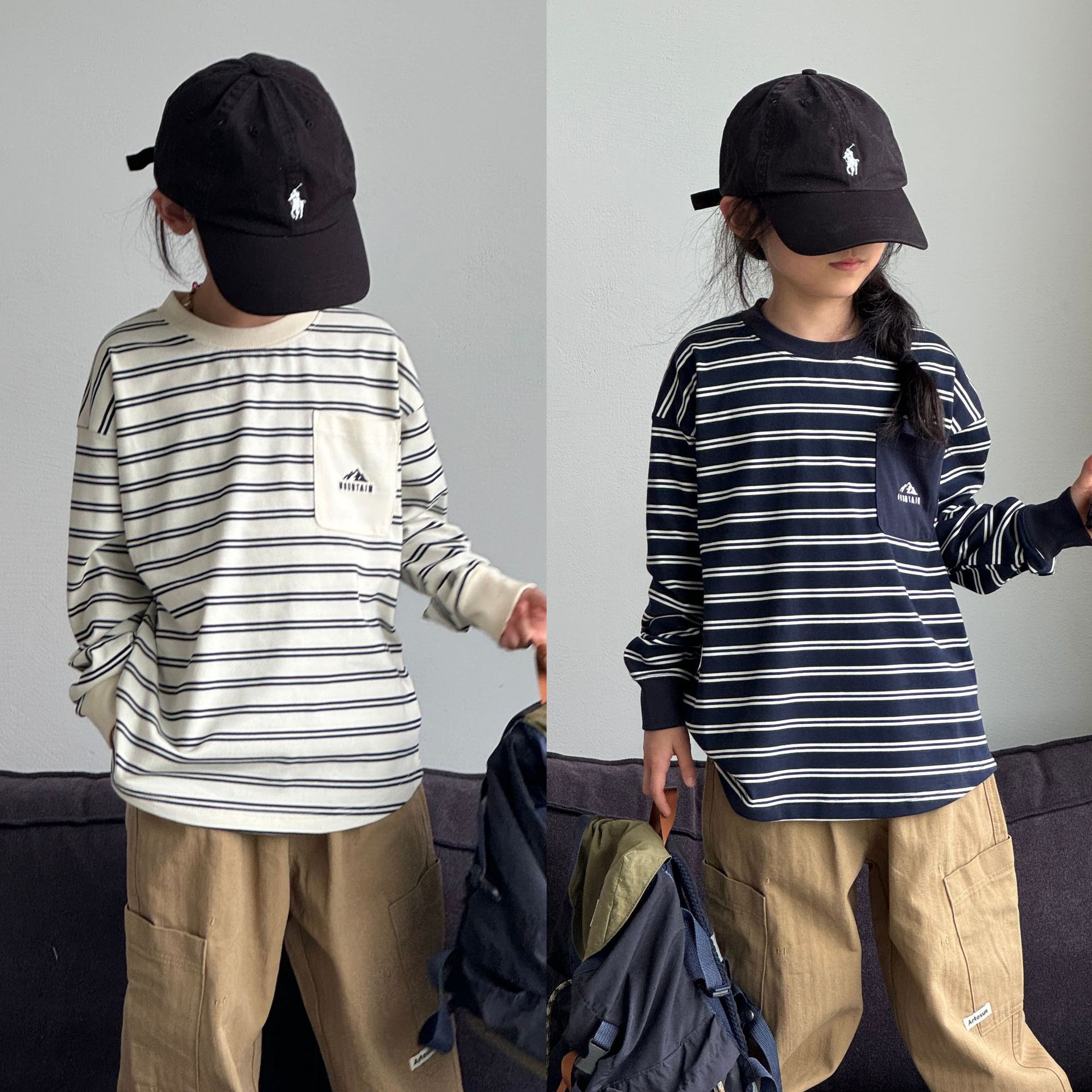 2025秋款纯山系口袋条纹长袖男女童潮牌原宿风宽松上衣休闲宽松t