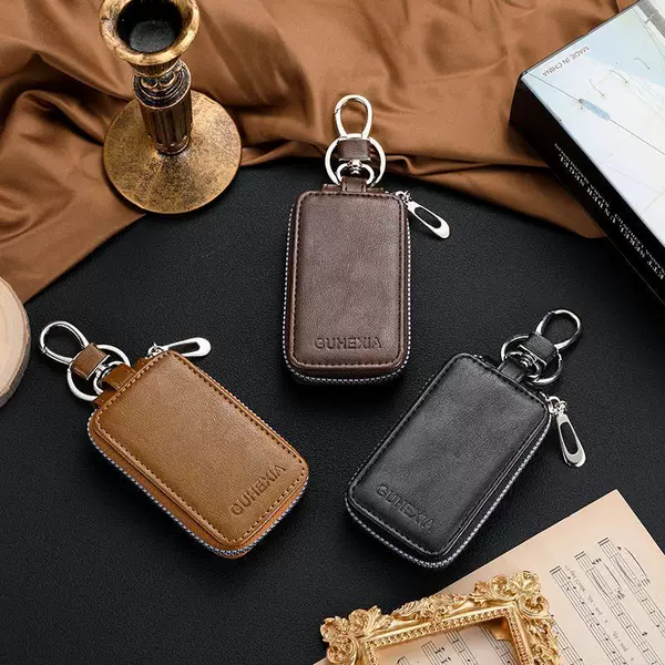 Men's Car Key Bag, Business-Style Genuine Leather Texture, Zipper, Universal, Large Capacity, Creative Waist-Hanging Multifunctional Key Pouch