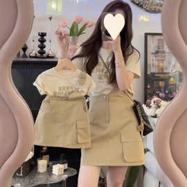 2024夏季新款炸街亲子装女童字母T恤单肩背带裙母女装洋气套装裙