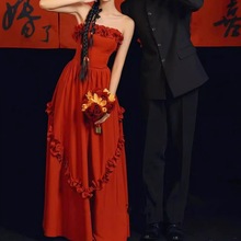 新中式复古小众轻婚纱晨袍新娘订婚结婚礼服敬酒服红色抹胸连衣裙