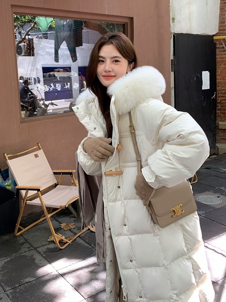 ダウンジャケット レディース ミドル丈 2025年冬新作 おしゃれ 可愛い フード付き 厚手 ホワイトダックダウン 大きなファー襟付き 暖かいコート