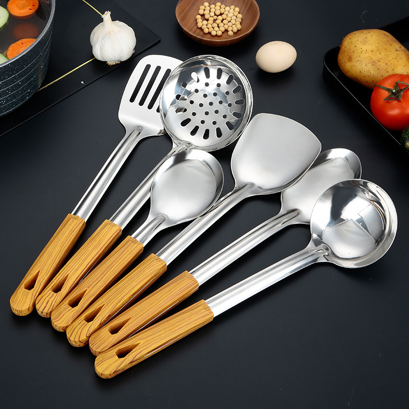 Espátula de acero inoxidable, colador, cocina, mango de madera para el hogar, espátula de acero inoxidable, cuchara de sopa, juego de utensilios de cocina, pala de cocina