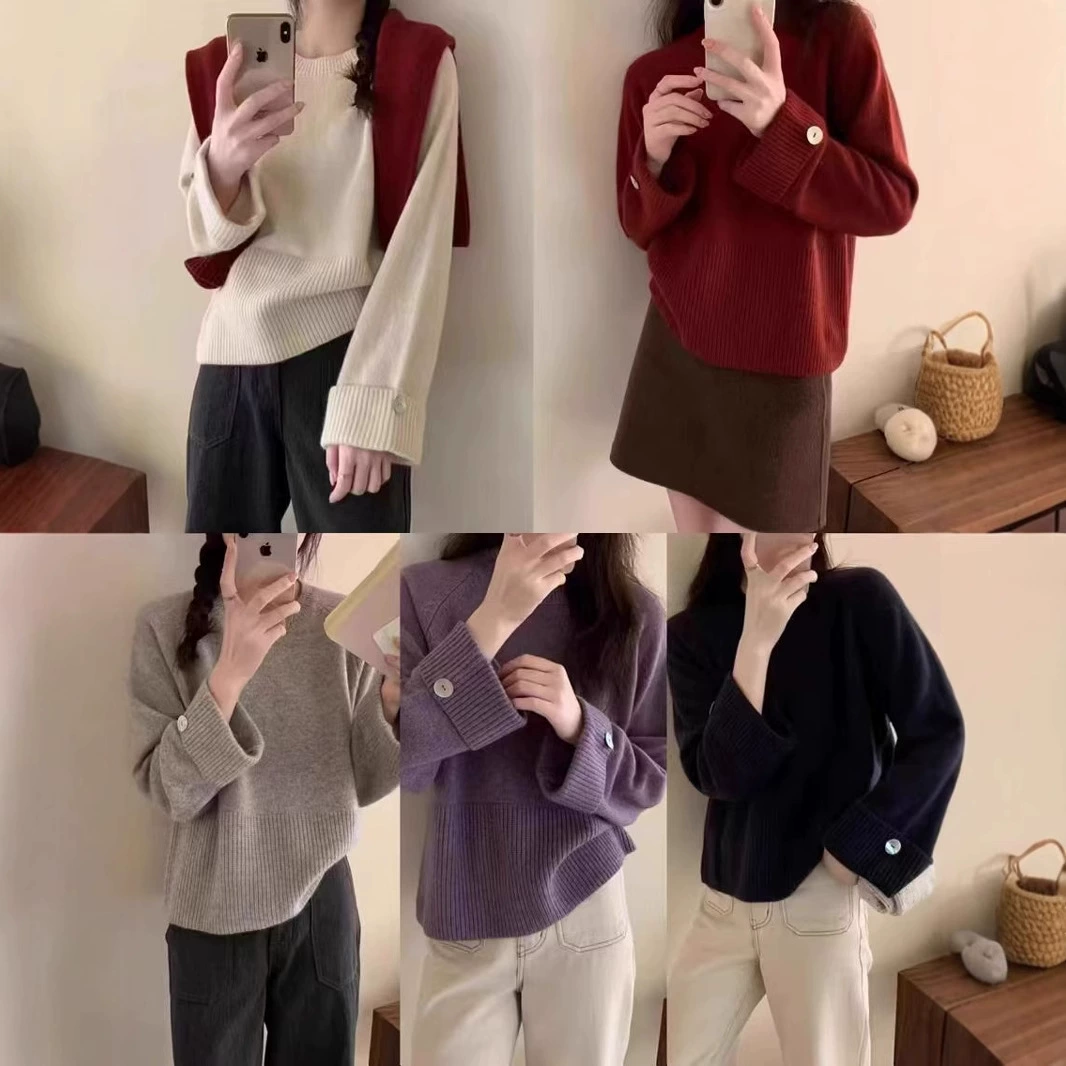 Трансграничные корейские короткие пуговицы с рукавами с круглым вырезом