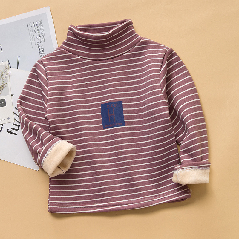 2025 camisa de fondo para niños, cuello medio alto más terciopelo, niños y niñas, rayas, manga larga, abrigo, ropa infantil coreana de moda de otoño e invierno