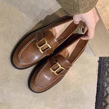 现货秒发！时尚百搭新款英伦复古金扣懒人粗跟乐福鞋单鞋女小皮鞋