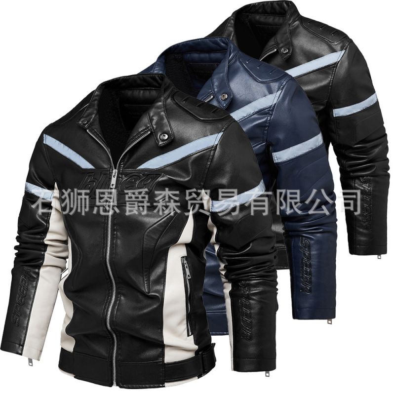 Cross-Border men's jacket 2022 new coat fashion European and American motorcycle pu clothing reflective strip velvet youth leather men