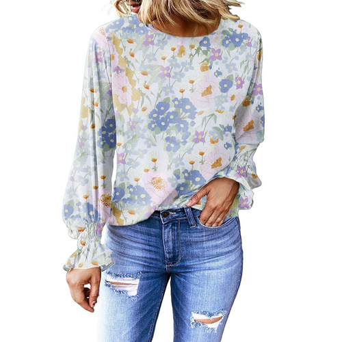 2025 Autumn Women's European and American Fashion Amazon Foreign Trade Cross-border New Floral Round Neck Blouse Women Lantern Sleeve Top