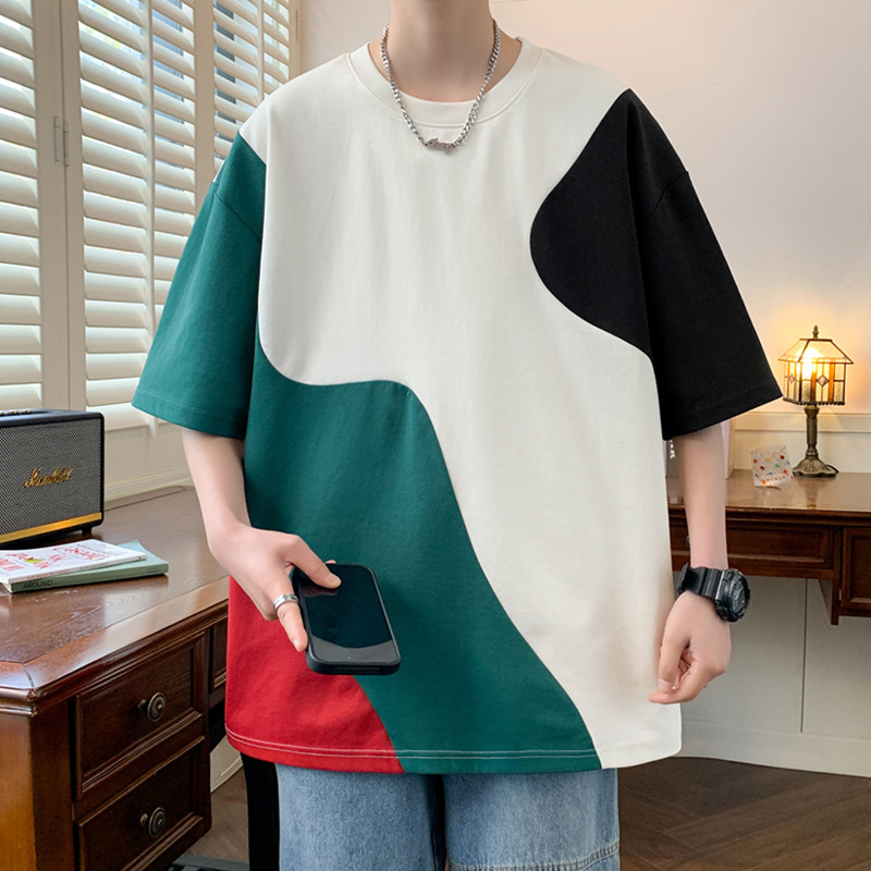 Short-sleeved T-shirt Men's Summer Thin Trendy Brand Loose Round Neck Color Matching Men's Top Casual All-match T-shirt Summer Clothing
